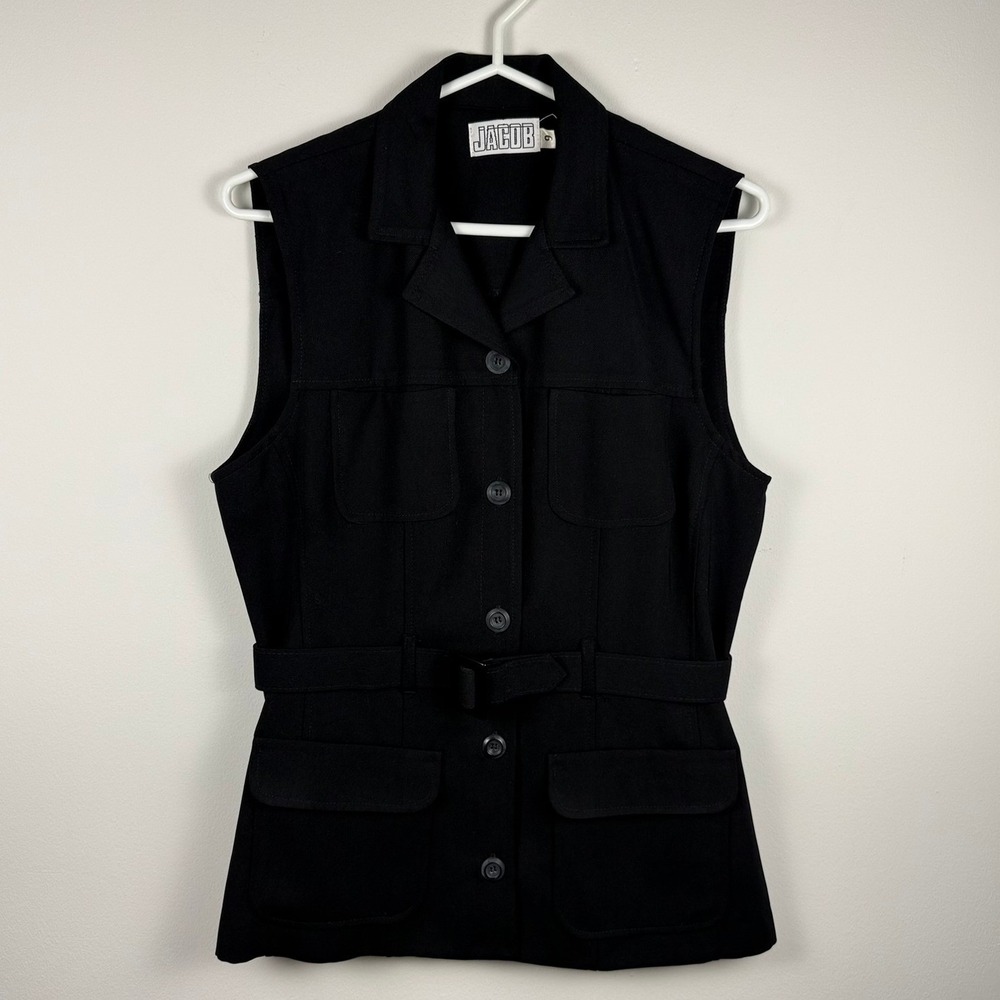 Jacob Vintage Black Utility‎ Belted Vest Sleeveless Jacket Size 9 Made in Canada